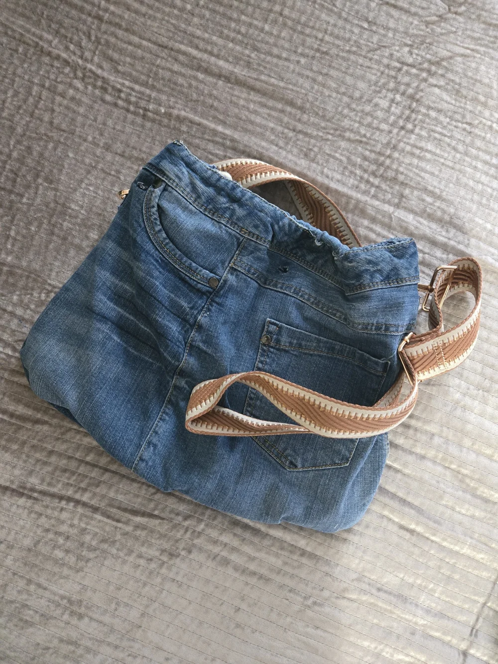 Patchwork Denim Hobo Bag with Tan Accent Leather Touch